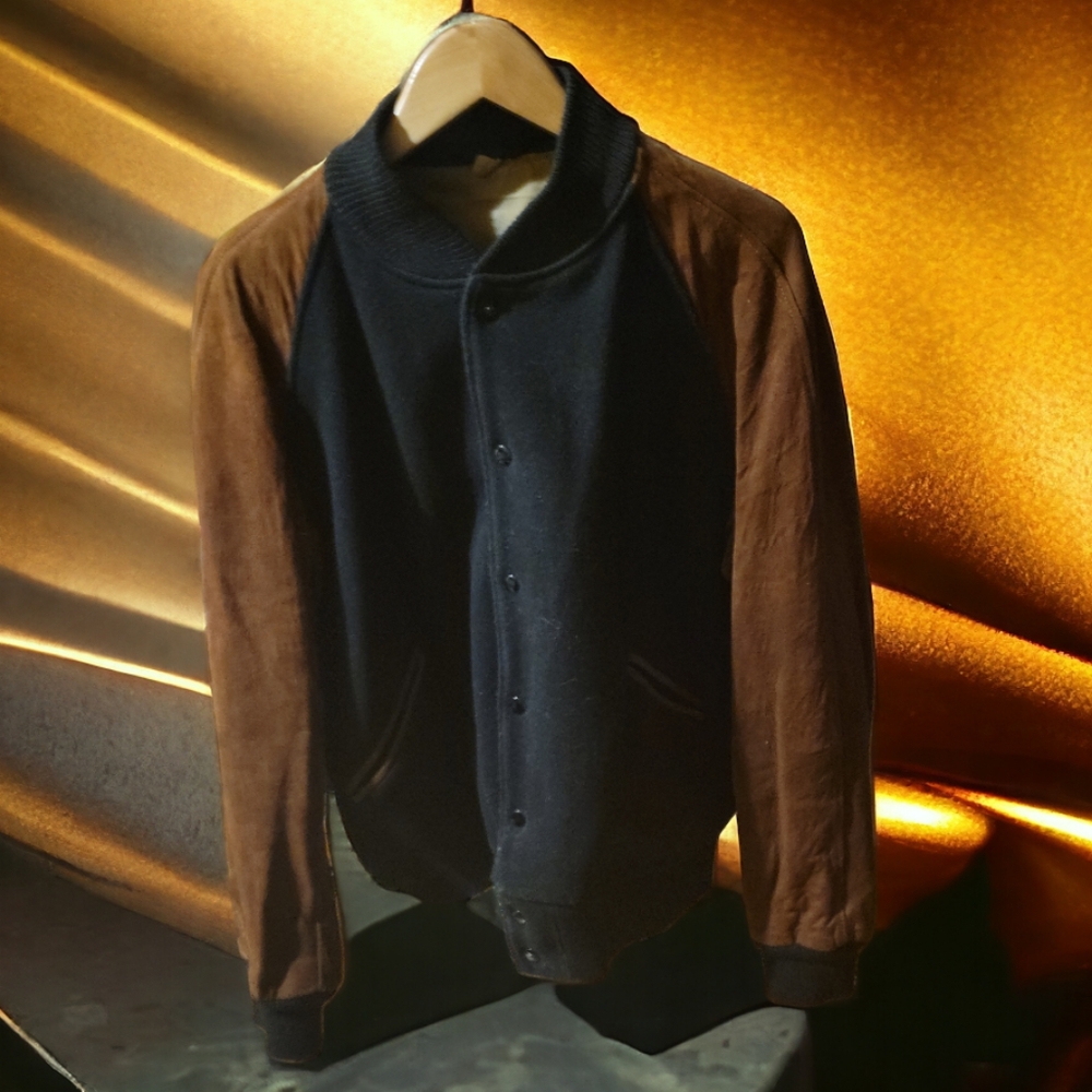 Vtg Butwin Brown Leather Black Wool Outer Varsity Bomber Jacket Lined Knit Cuffs